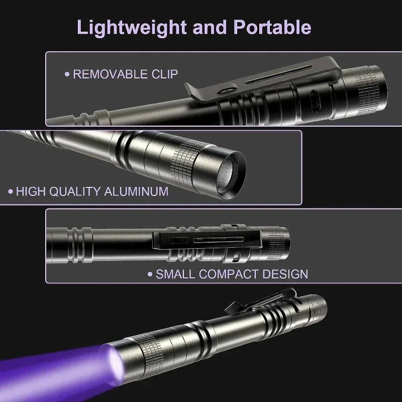 365nm UV Flashlight Ultraviolet Torch With Pen Clip Portable Violet