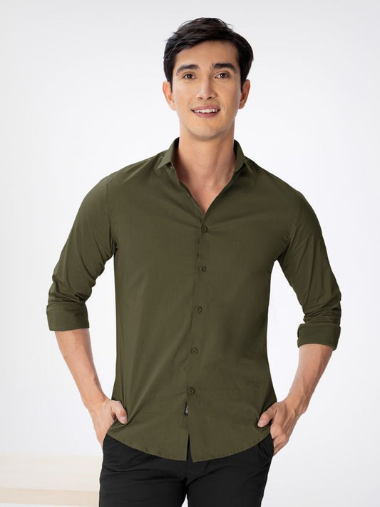Men Slim Fit Solid Army Green Formal Shirt (Size XL)