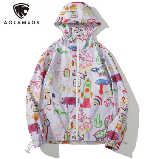 Jacket Men Colorful Graffiti Painting Print Zipper Coats Loose Casual